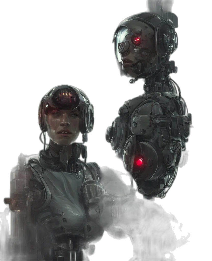 robot, concept art, cyberpunk, comic book art, 3d render, outer space, red, dark transparent PNG cut-out