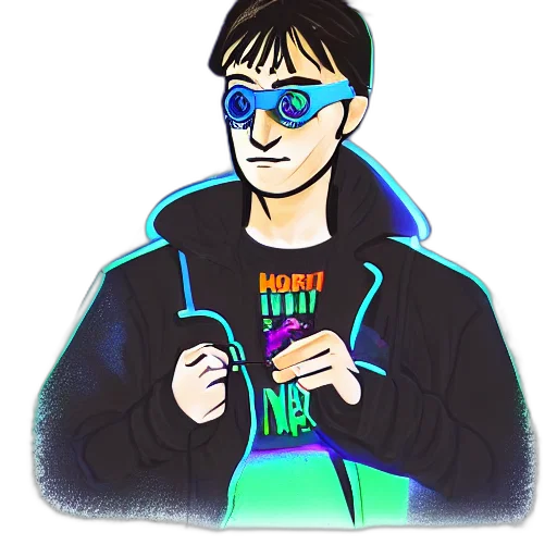 jacket, staff, robot, vaporwave transparent PNG cut-out