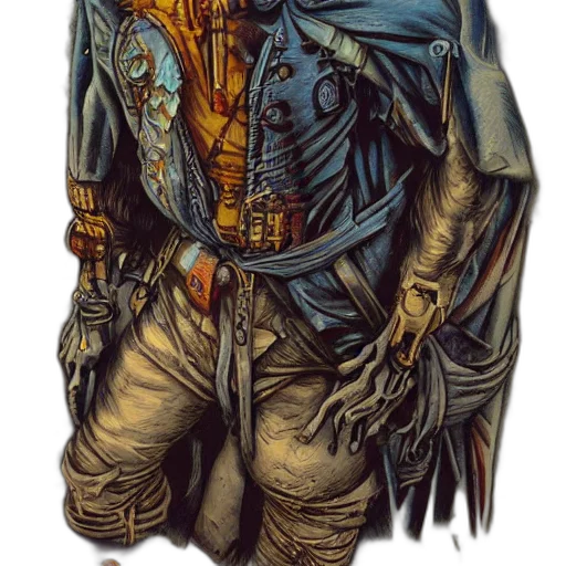 jacket, mask, staff, weapon, comic book art, concept art, fantasy art, watercolor transparent PNG cut-out