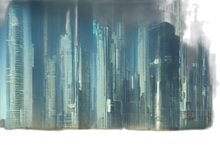 building, robot, cyberpunk, concept art, vaporwave, 3d render, fog, city street transparent PNG cut-out