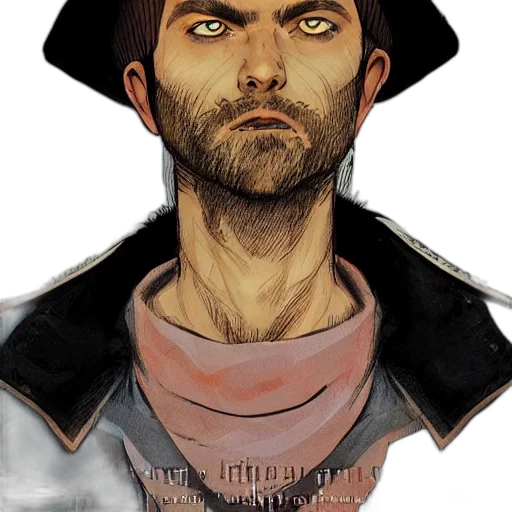face, hat, jacket, comic book art, concept art, cartoon, fantasy art, earth tones transparent PNG cut-out