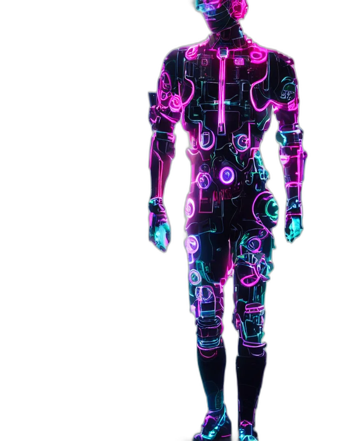 robot, jacket, dress, staff, cyberpunk, concept art, vaporwave, 3d render transparent PNG cut-out