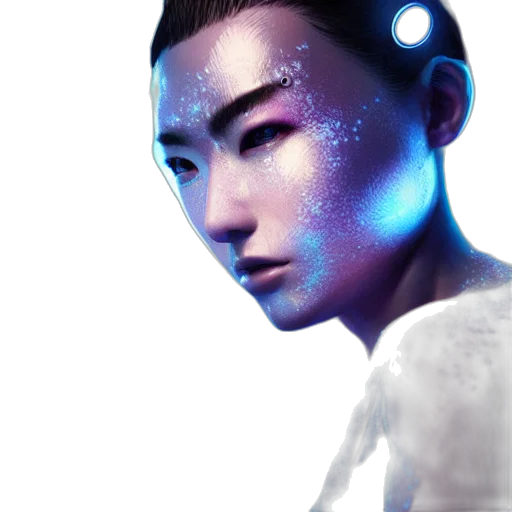 robot, face, staff, jewelry, cyberpunk, photorealistic, concept art, 3d render transparent PNG cut-out