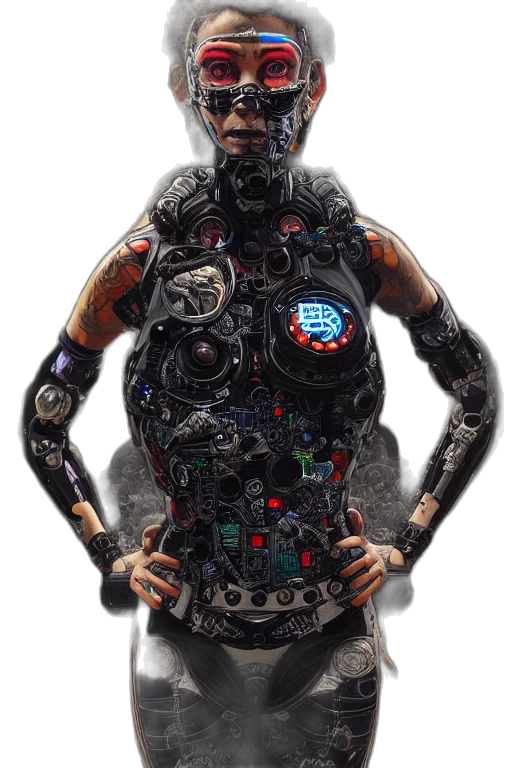 robot, jacket, dress, face, cyberpunk, 3d render, concept art, comic book art transparent PNG cut-out