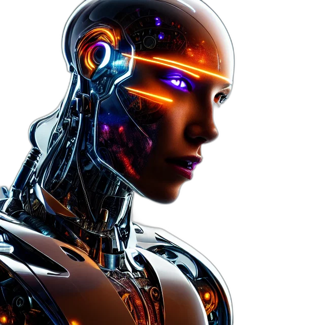 robot, cyberpunk, concept art, 3d render, cyborg, fantasy, reflect, highly transparent PNG cut-out