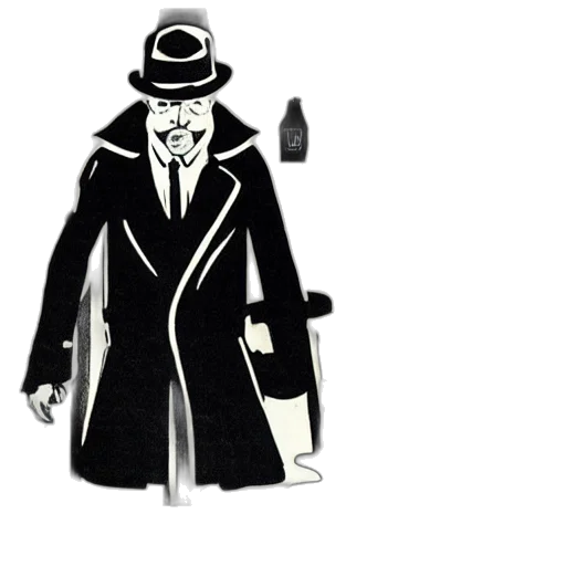 jacket, mask, hat, staff, concept art, comic book art, cartoon, monochrome transparent PNG cut-out