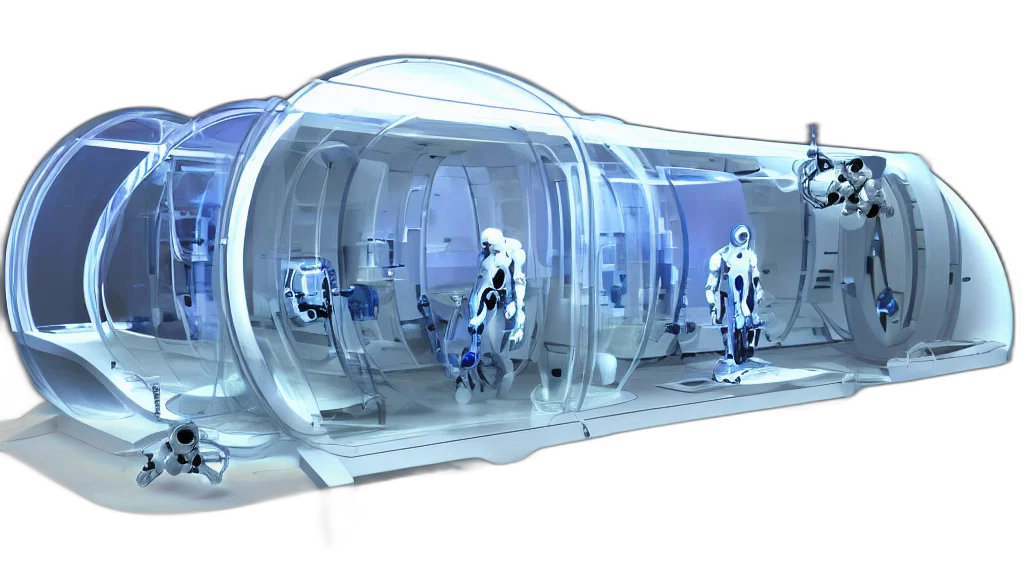 robot, concept art, 3d render, cyberpunk, outer space, futuristic, enclosed, medical transparent PNG cut-out