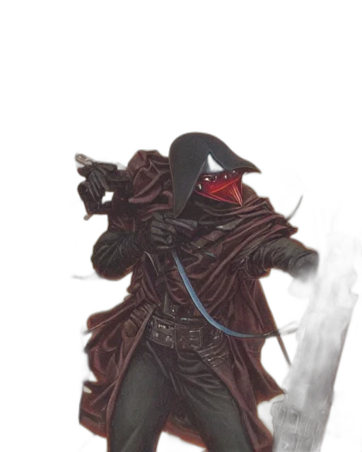 staff, mask, jacket, sword, concept art, fantasy art, comic book art, dark transparent PNG cut-out