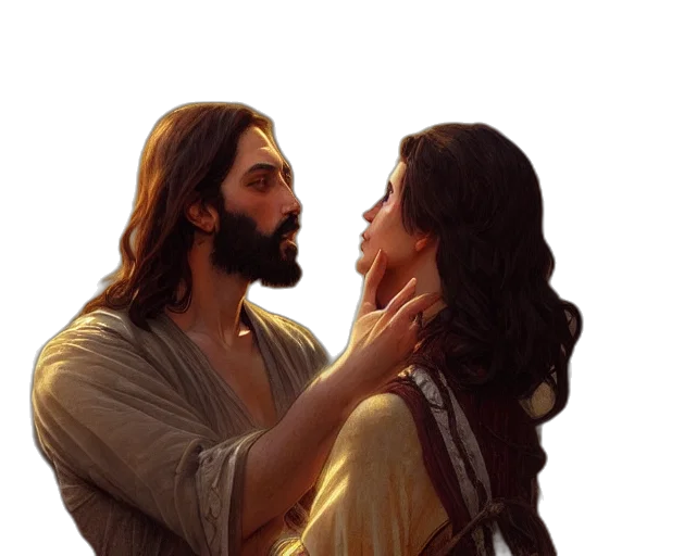 photorealistic, oil painting, fire, forest, sunset, photography, jesus, kissing transparent PNG cut-out