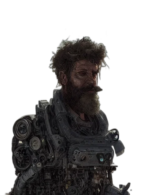 robot, face, hair, staff, concept art, cyberpunk, comic book art, 3d render transparent PNG cut-out