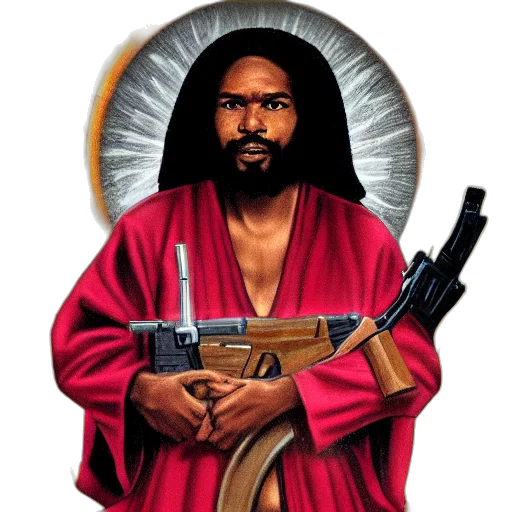 weapon, pixel art, comic book art, concept art, black, communist, jesus, dressed transparent PNG cut-out