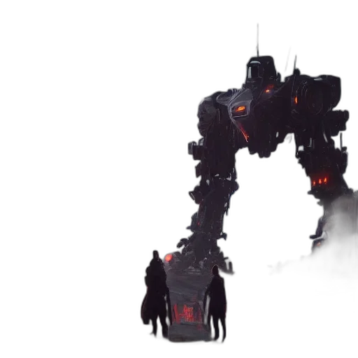 robot, weapon, concept art, cyberpunk, 3d render, pixel art, fog, giant transparent PNG cut-out