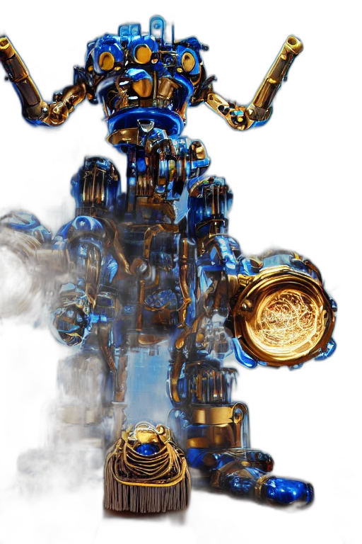 robot, jewelry, weapon, crown, concept art, 3d render, fantasy art, blue transparent PNG cut-out