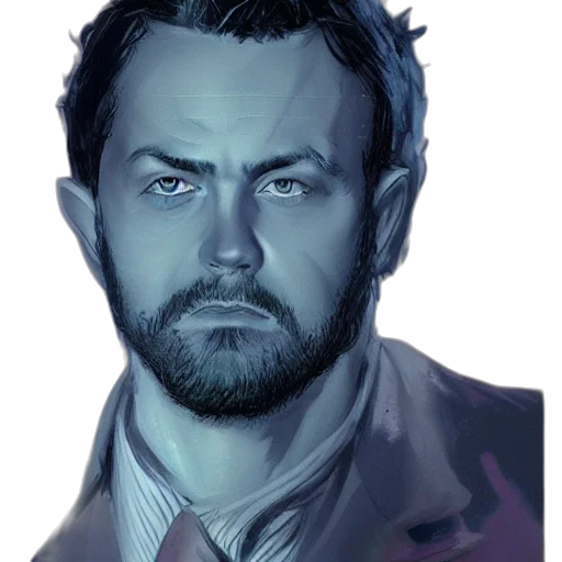 face, jacket, staff, concept art, watercolor, photorealistic, comic book art, blue transparent PNG cut-out