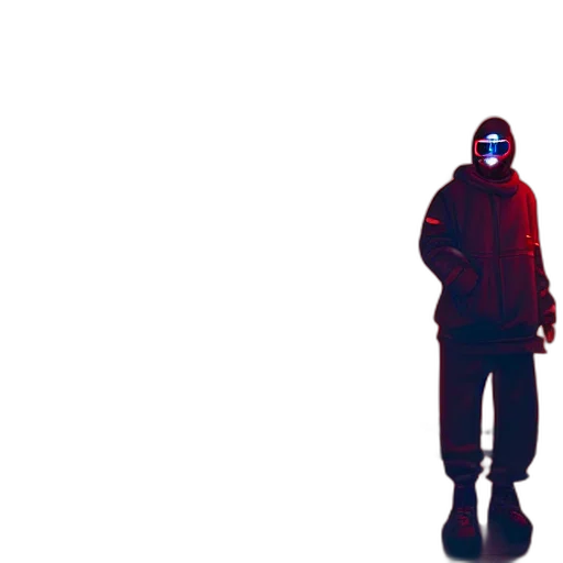 jacket, mask, robot, face, concept art, cyberpunk, 3d render, pixel art transparent PNG cut-out