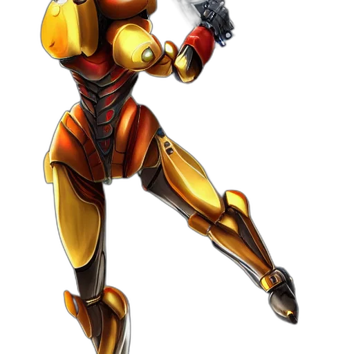 robot, weapon, concept art, 3d render, pixel art, comic book art, golden, samus transparent PNG cut-out