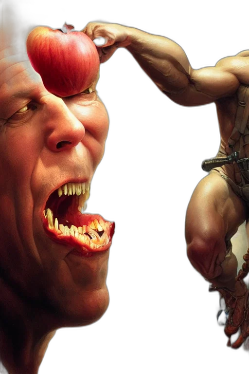 photorealistic, concept art, 3d render, bruce, willis, skin, apple, hyper transparent PNG cut-out