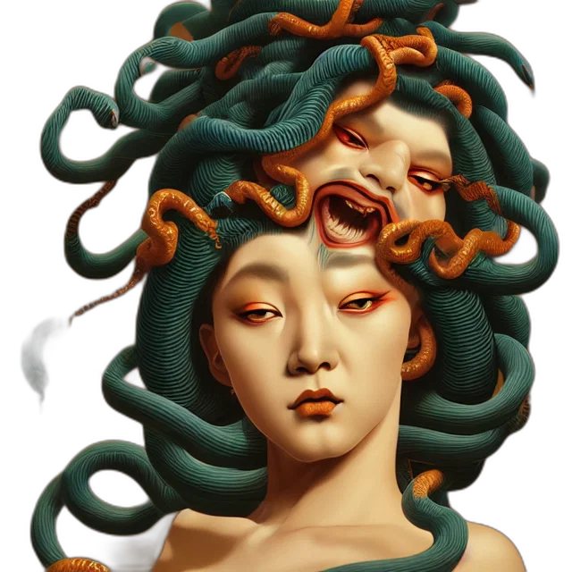 hair, creature, mask, face, fantasy art, concept art, photorealistic, vaporwave transparent PNG cut-out