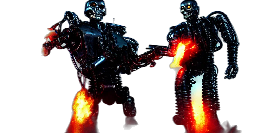 robot, weapon, concept art, 3d render, cyberpunk, fire, outer space, terminator transparent PNG cut-out