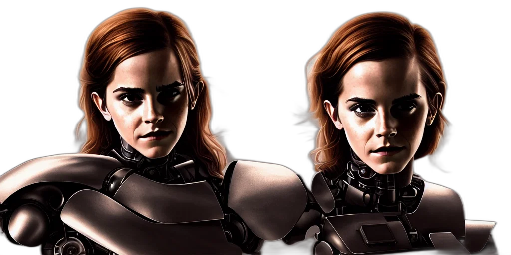 concept art, comic book art, photorealistic, 3d render, emma, watson, chrome, robot transparent PNG cut-out