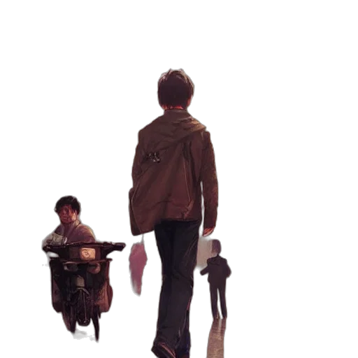 jacket, robot, umbrella, staff, concept art, comic book art, pixel art, watercolor transparent PNG cut-out