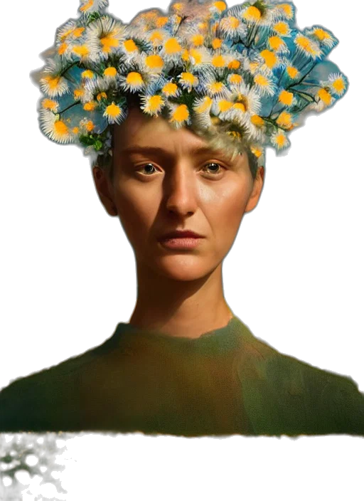 face, crown, flower, dress, photorealistic, oil painting, fantasy art, concept art transparent PNG cut-out