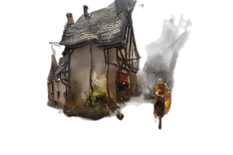 building, concept art, fantasy art, watercolor, photorealistic, fog, city street, rain transparent PNG cut-out
