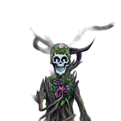 mask, creature, staff, concept art, fantasy art, pixel art, comic book art, green transparent PNG cut-out