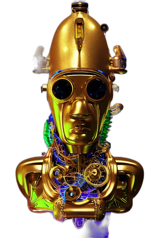 robot, mask, jewelry, staff, 3d render, concept art, cyberpunk, golden transparent PNG cut-out