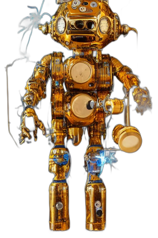 robot, staff, concept art, 3d render, pixel art, comic book art, golden, portrait transparent PNG cut-out