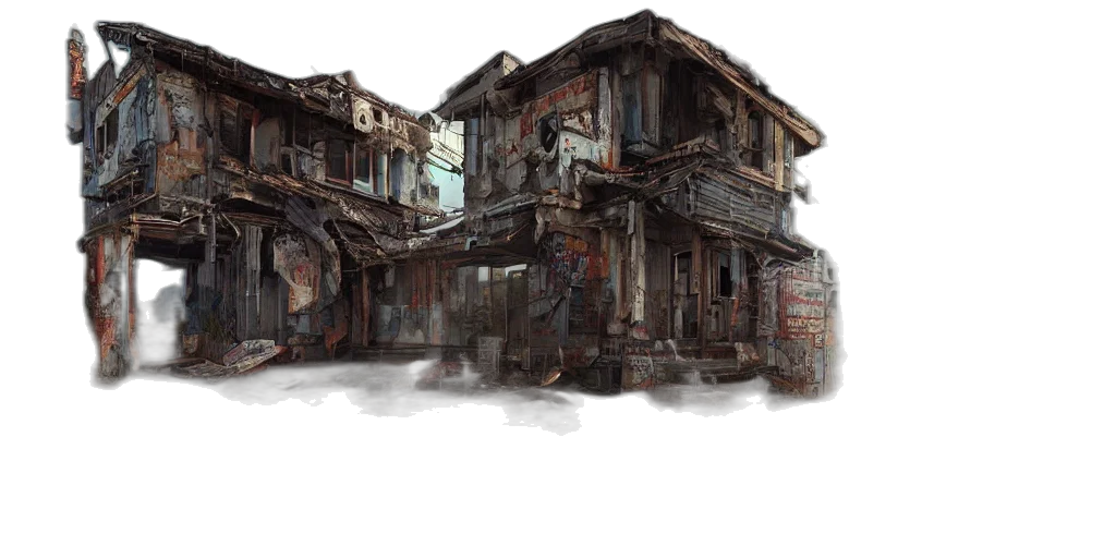 building, concept art, watercolor, photorealistic, 3d render, city street, fog, dark transparent PNG cut-out