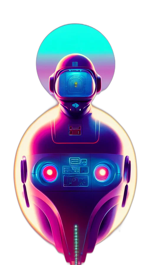 robot, pixel art, concept art, cyberpunk, vaporwave, outer space, neon lights, neon transparent PNG cut-out