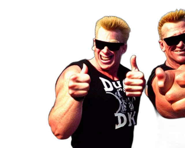 3d render, concept art, photorealistic, duke, nukem, both, wearing, tank transparent PNG cut-out