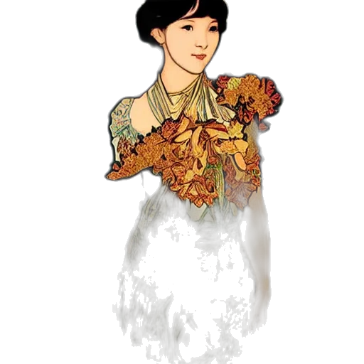 dress, flower, pixel art, watercolor, cartoon, concept art, earth tones, golden transparent PNG cut-out