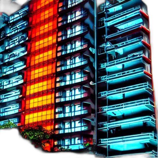 building, 3d render, vaporwave, cyberpunk, concept art, neon lights, city street, red transparent PNG cut-out