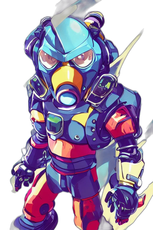 robot, weapon, concept art, cyberpunk, comic book art, pixel art, blue, colorful transparent PNG cut-out