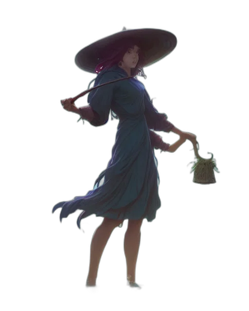 dress, hat, staff, umbrella, concept art, fantasy art, watercolor, pixel art transparent PNG cut-out