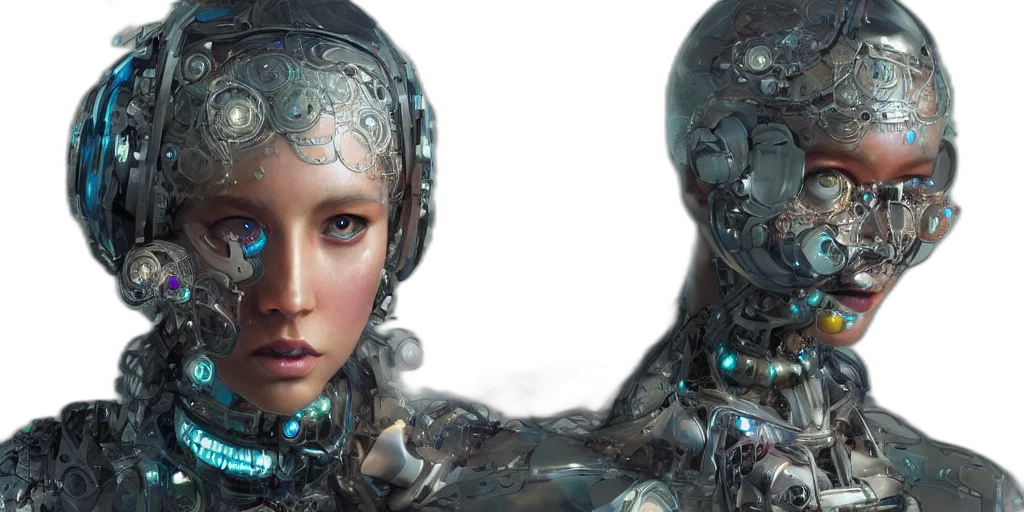 robot, cyberpunk, concept art, 3d render, fantasy art, outer space, blue, hiper transparent PNG cut-out