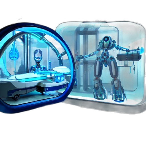 robot, concept art, 3d render, cyberpunk, futuristic, glass, tank, medical transparent PNG cut-out