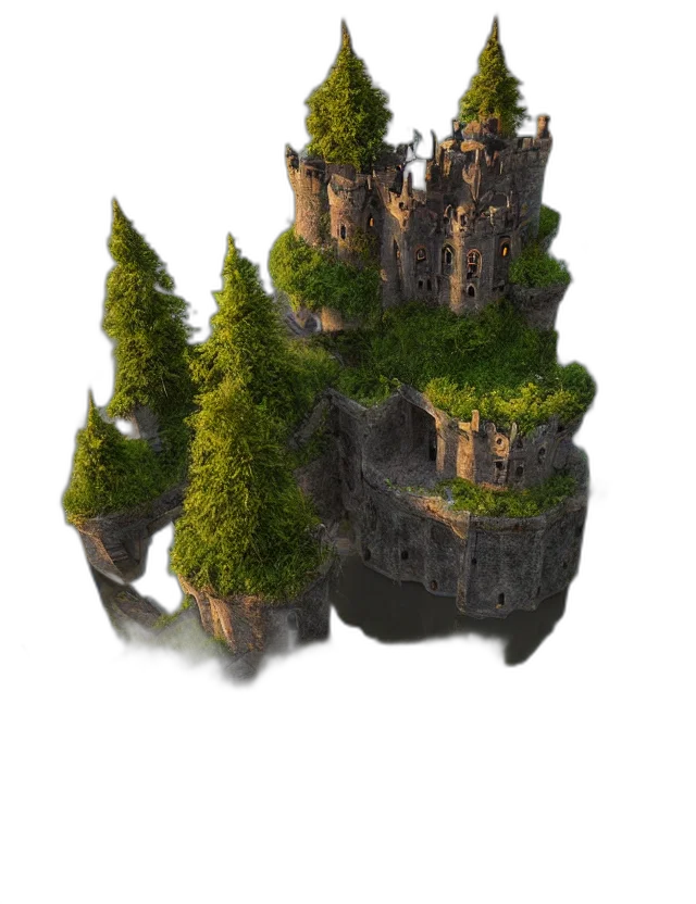 tree, crown, building, dragon, 3d render, concept art, fantasy art, pixel art transparent PNG cut-out