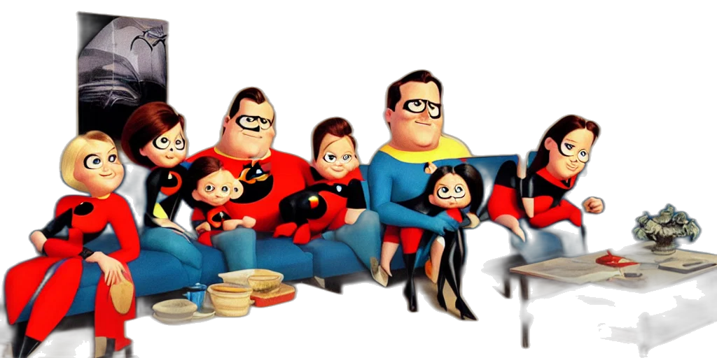 concept art, 3d render, cartoon, comic book art, incredibles, family, sitting, couch transparent PNG cut-out