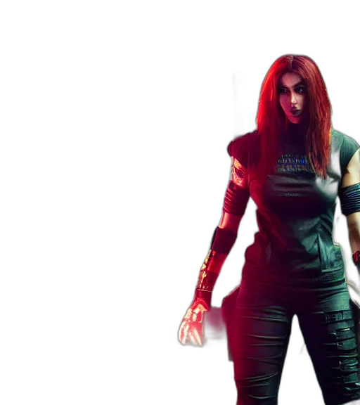 concept art, cyberpunk, comic book art, 3d render, red, charismatic, rugged, female transparent PNG cut-out