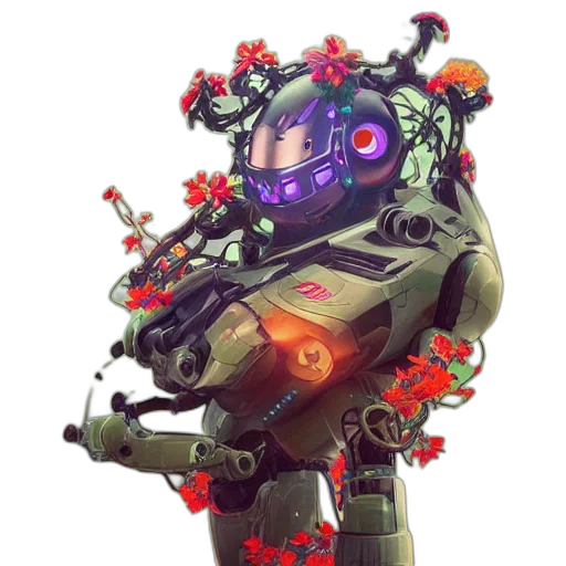 robot, weapon, flower, concept art, cyberpunk, pixel art, 3d render, colourful transparent PNG cut-out