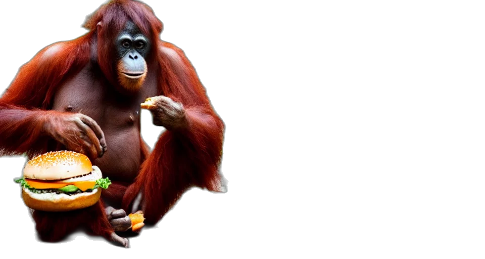 animal, creature, photorealistic, concept art, 3d render, orangutan, holding, burger transparent PNG cut-out