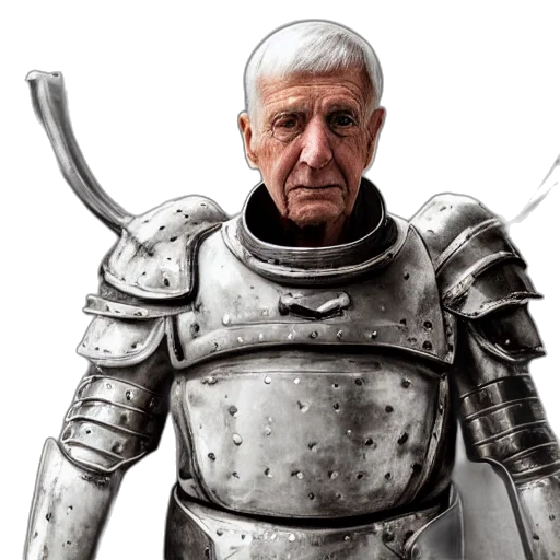 photograph, old, man, wearing, futuristic, white, heavy, armor transparent PNG cut-out