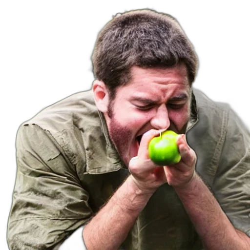 food, staff, face, photorealistic, man, eating, grenade, like transparent PNG cut-out