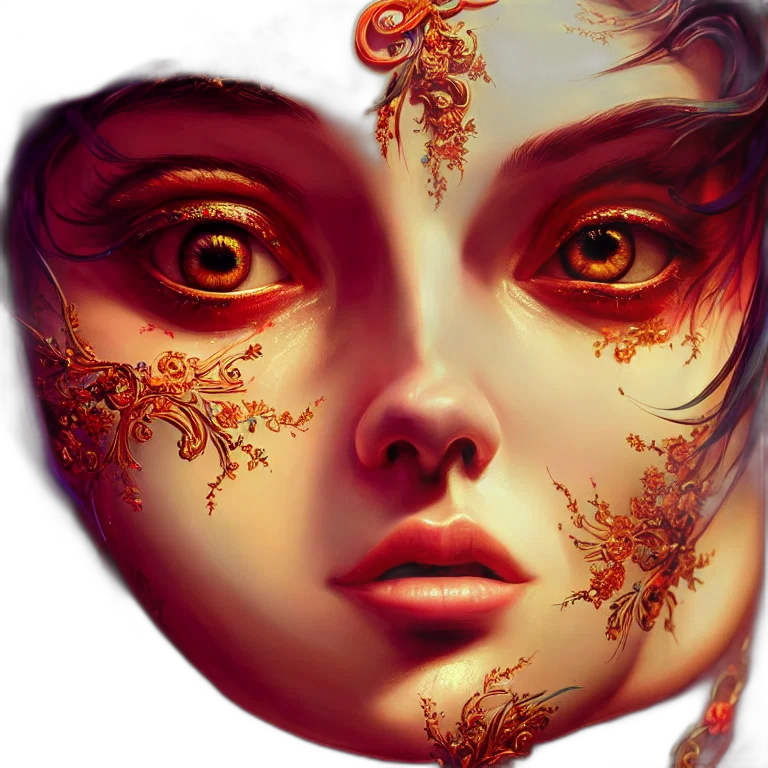 mask, face, fantasy art, photorealistic, oil painting, concept art, golden, red transparent PNG cut-out