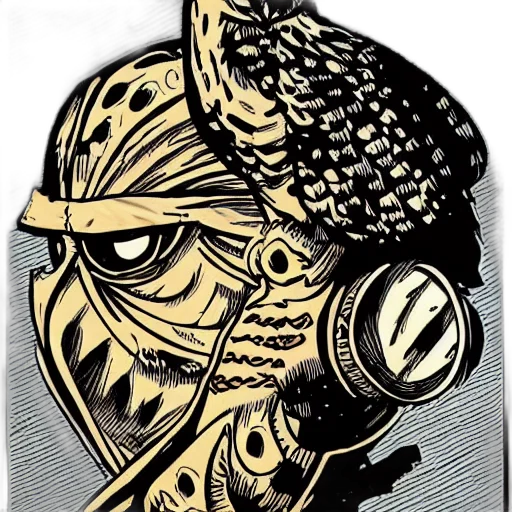 mask, jewelry, robot, weapon, comic book art, concept art, fantasy art, cartoon transparent PNG cut-out