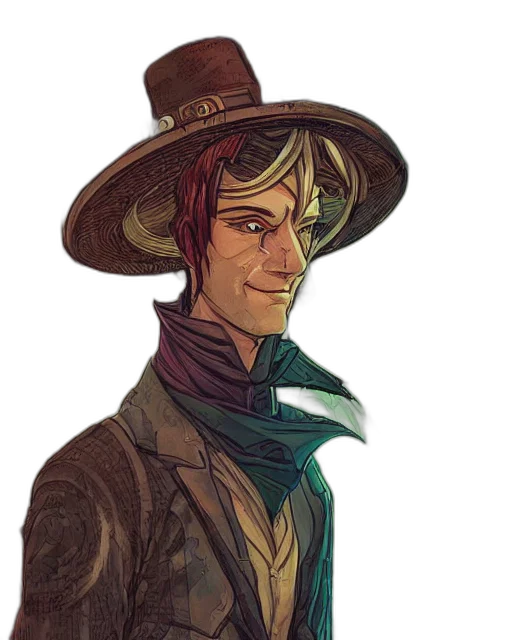 hat, staff, watercolor, concept art, fantasy art, comic book art, earth tones, dark transparent PNG cut-out