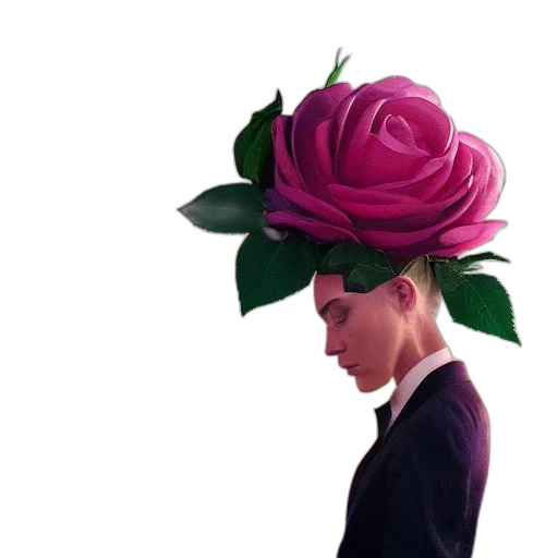 hat, crown, flower, face, photorealistic, vaporwave, 3d render, oil painting transparent PNG cut-out